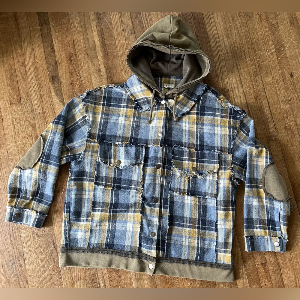 POL Cornflower Blue Plaid Shacket
With Grey Hoodie